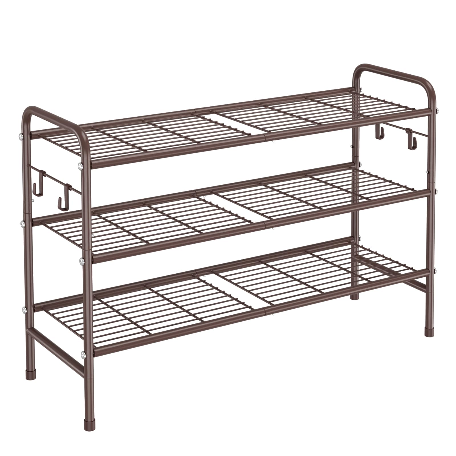 VILICK 3 Tier Shoe Rack 33" Wide Metal Shoe Organizer Long Shoe Storage with 4 Side Hooks Sturdy Shoes Shelf for Front Door Entrance, Closet, Garage, Dorm, Brown