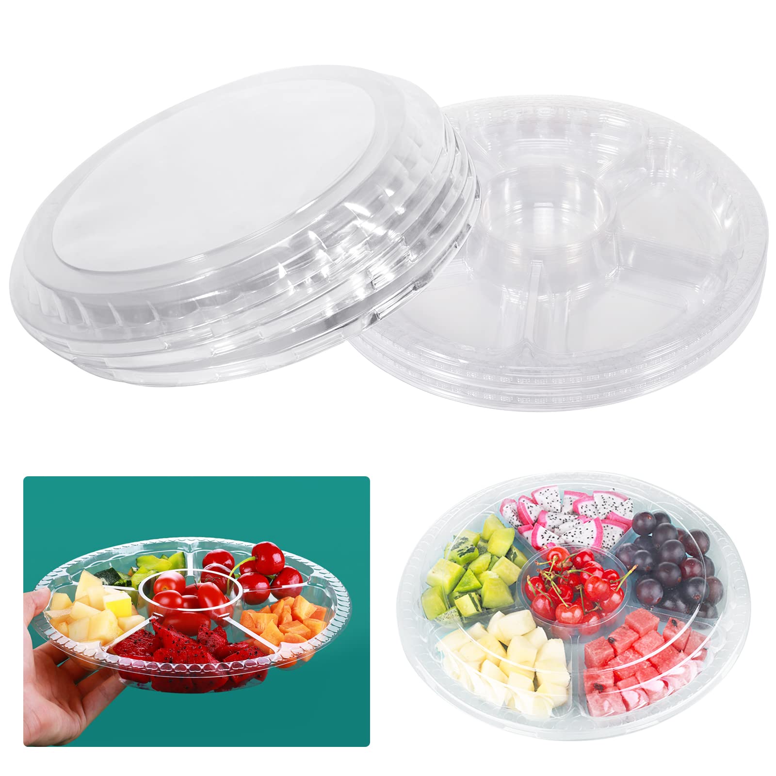 Photo 1 of 10 Pcs Round Plastic Appetizer Tray with Lid - Divided Serving Tray, Disposable Food Storage Trays Containers, Plastic Tray Storage, Kids Snack, Fruit Platter Vegetable Trays for Party and Buffet