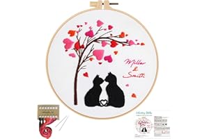 Louise Maelys Love Heart Tree Embroidery Kits for Beginners,Cross Stitch Kits for Adults Including Embroidery Cloth with Couple Cats Pattern-Valentine's Day