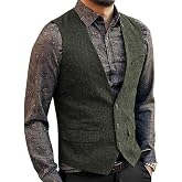 Zeattall Men's Herringbone Tweed Wool Suit Vest Single Breasted Slim Fit Waistcoat Vest