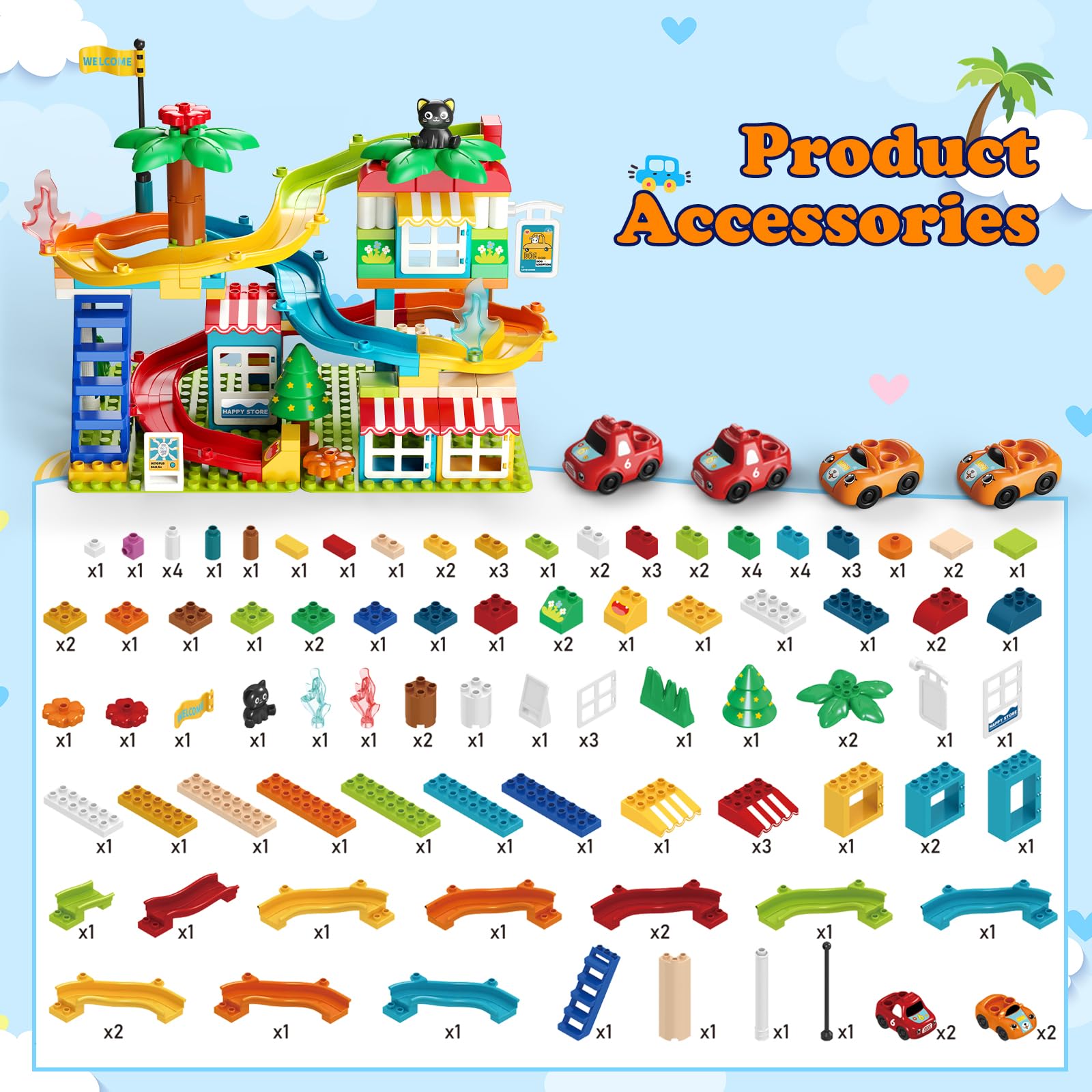 Marble Run Building Blocks,Classic Large Blocks Maze Track Sets with 4 Cars,STEM Toy Bricks Maze Puzzle Set Race Track Compatible with Major Brands for Age 3 4 5 6 7 8+ Boys Girls Gift