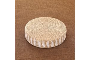 QUINCRY Tatami Floor Round Cushion for Floor Seating, Handmade Rattan Woven Picnic Pillow to Sit for Ground Outdoor, Bohemian Meditation Japanese Floor Cushion (Side white stripes, 17.72*4.33inch(45*11cm))