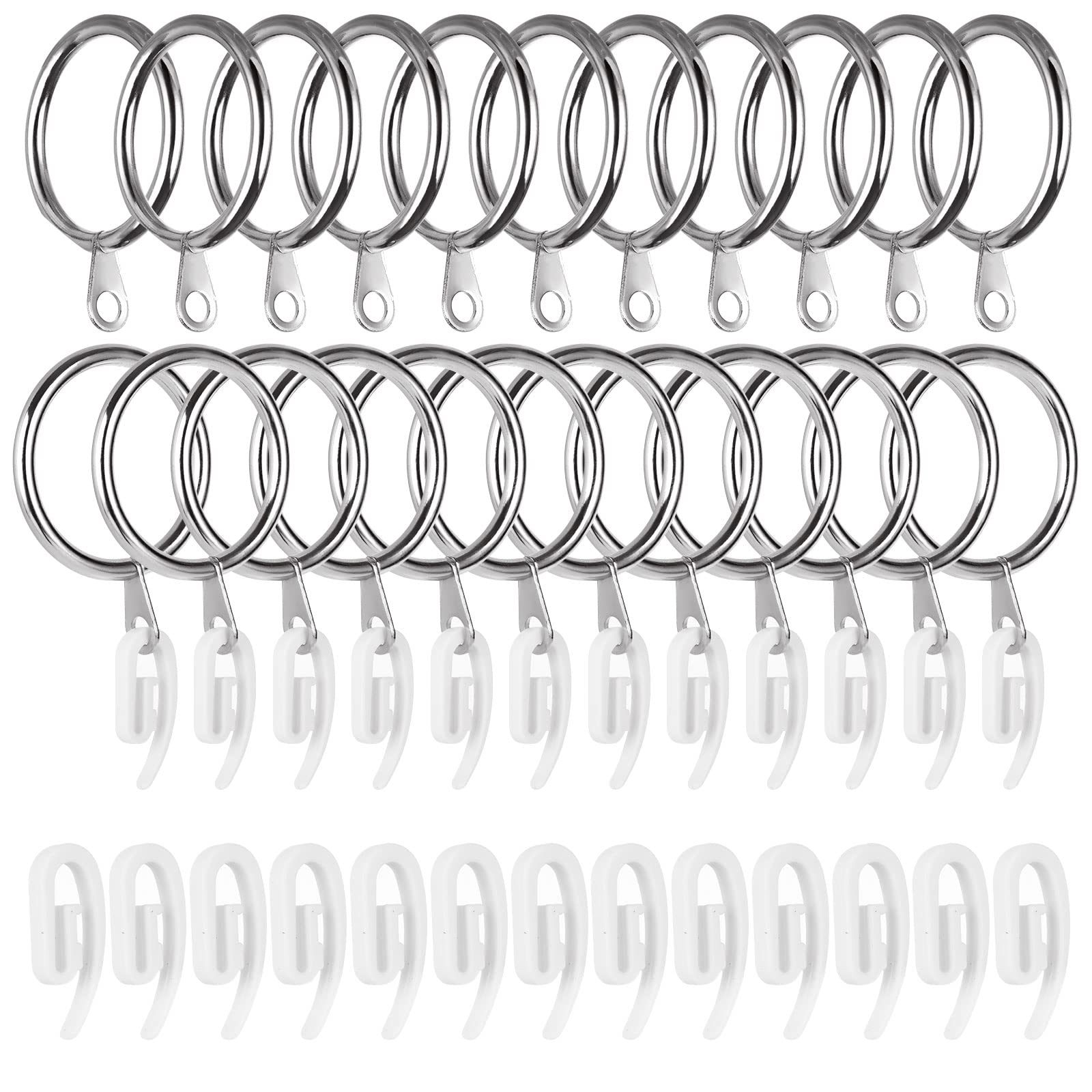JMIATRY 100 Pcs Curtain Rings and Hooks, 32mm Silver Metal Curtain Pole Rings, Durable Drapery Hanging Rings with Plastic Curtain Hooks for Curtain Poles, Rods and Drapery, Shower Curtains