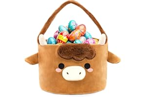Easter Basket for Kids, Plush Easter Highland Cow Basket, Cute Easter Egg Basket, Kawaii Easter Decoration Cow Basket, Soft C
