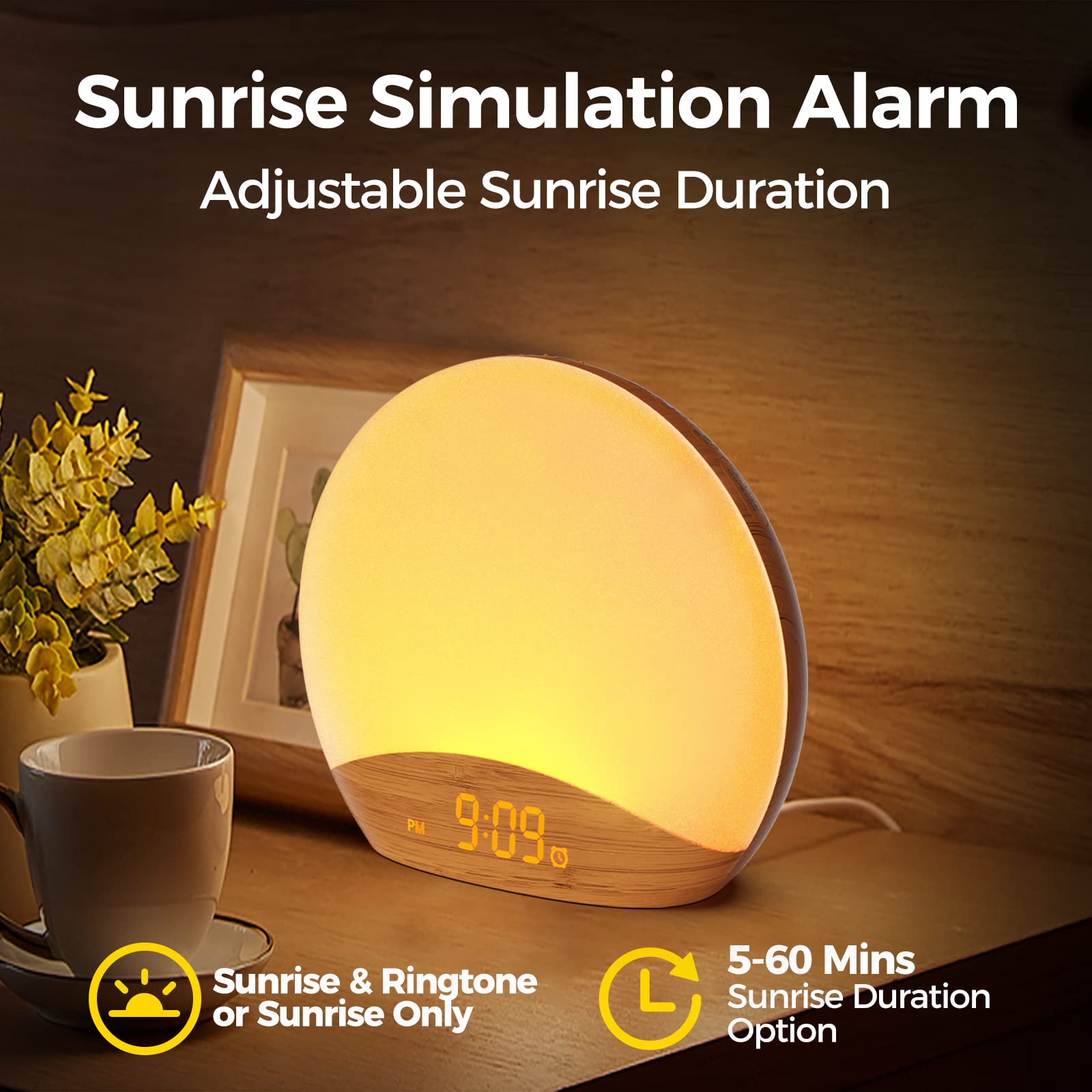 REACHER Wood Grain Sunrise Alarm Clock and Sound Machine Nightlight, Digital Dimmable Clock for