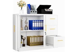 pozdeg 3 Drawer Lateral File Cabinet, Heavy-Duty Metal Lockable Filing Cabinet with 2 Doors, Fire & Weatherproof Storage Cabinet for Office/Home/Garage/School/Gym, Spacious Top for Printer (White)