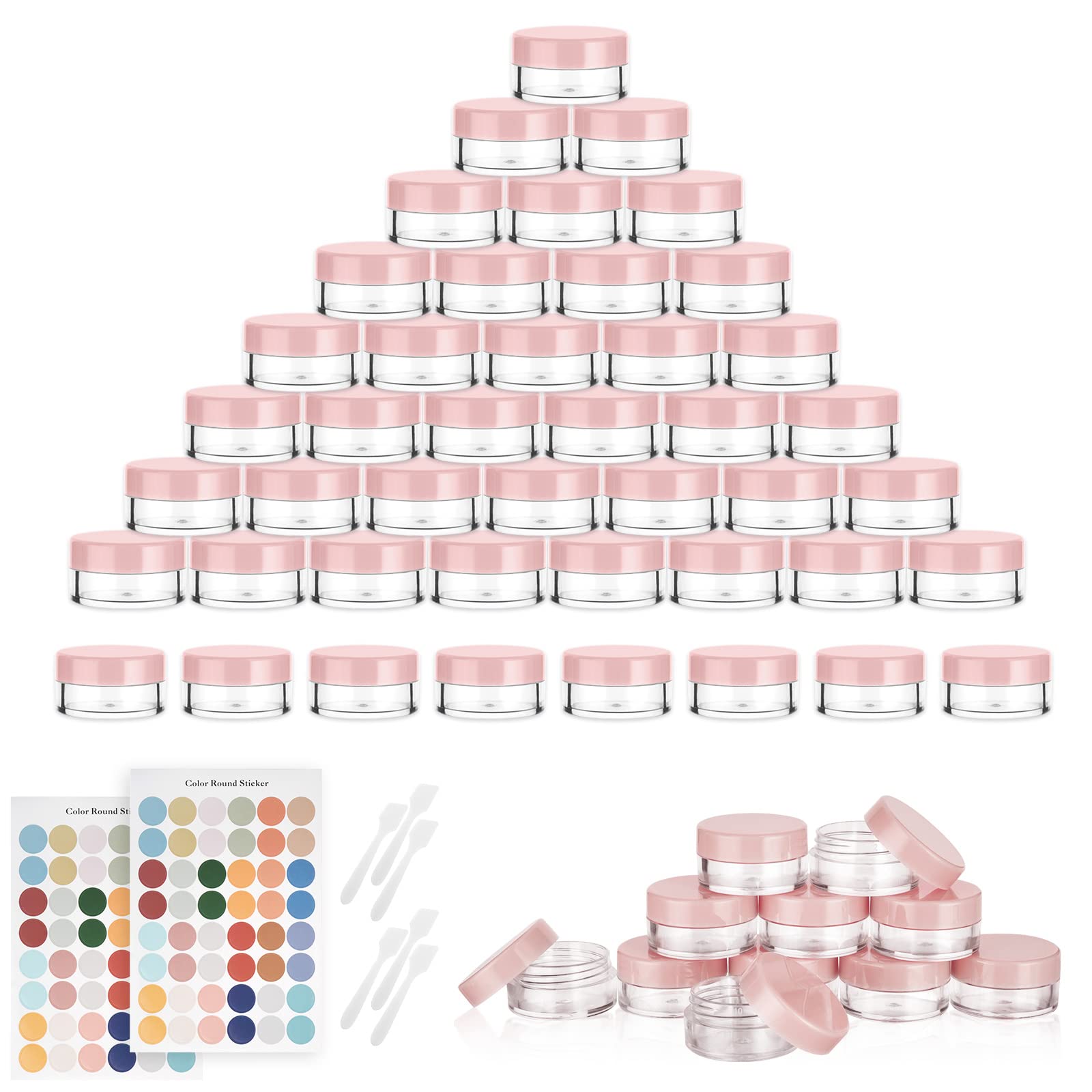Flintronic Plastic Cosmetic Jar 64 * 5ml, Transparent & Visible Sample Container Jar, Screw Cap Bottle with Sticker & Small Spoon, Suitable for Cosmetic/cream/gel/paste/beads(Orange Pink) — image 1