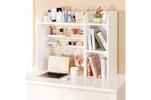 Qmetalart 3-Tier Desktop Hutch Bookshelf – Wood Desk Shelf with Pegboard and Accessories, Countertop Storage Organizer Rack for Dorm or Office, White, 37" W