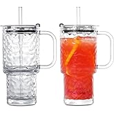 16 Oz Water Ripple Glass Tumbler Cup With Handle, 2 Pack Iced Coffee Cup For Cold/Hot Drinks, Modern Coffee Mug Mason Jar For Smoothies, Juice, Coffee, Tea