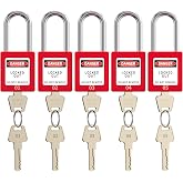BELLXTO Lockout Locks, 5 Red Loto Locks Keyed Different, OSHA Compliant | Non-Conductive Nylon Body, spring-load SS shackle, key-retain, multi-la