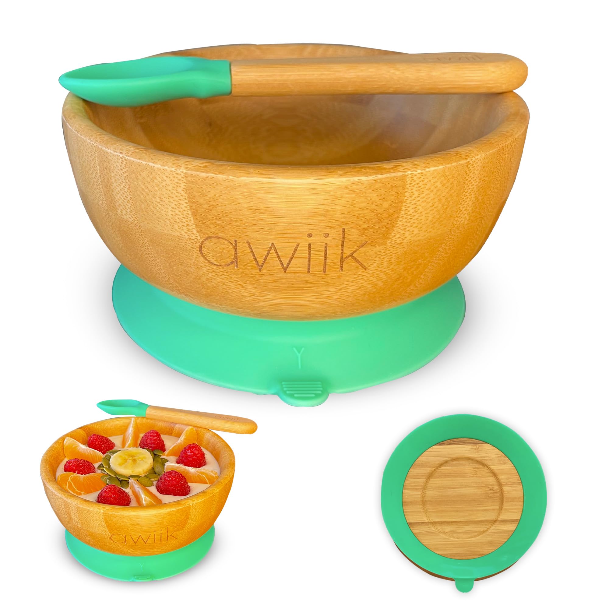 AWIIK Small Bamboo Bowl with Strong Suction Cup for Babies and Toddlers, BLW Non-Slip Bamboo Bowl with Suction and Anti-Tip Suction Cup for Learning to Eat BLW (Bowl_Green)