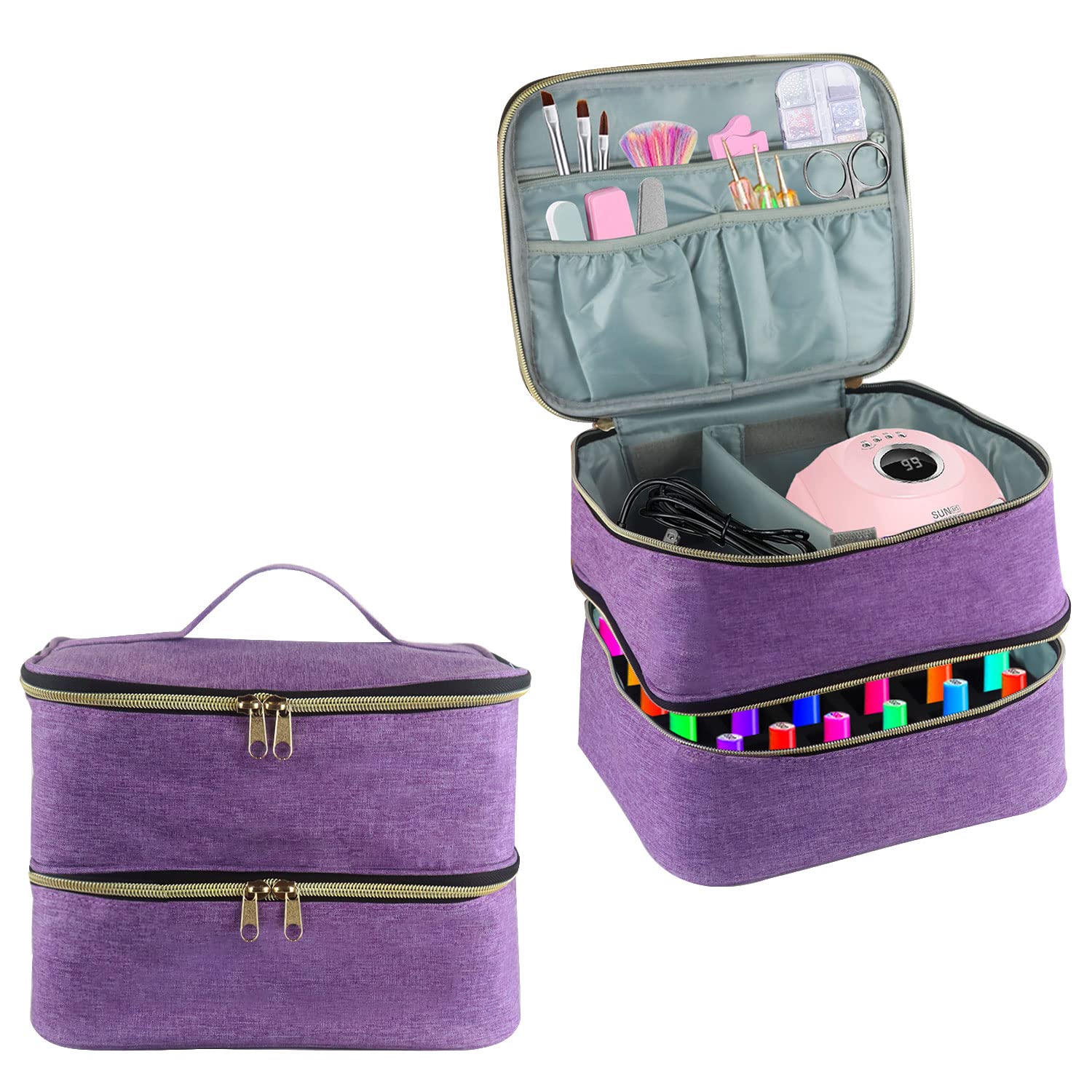 Nail Polish Carrying Case, Double-Layer Nail Polish Storage Bag- Fits Nail Dryer Lamp and 30 Bottles(15ml/0.5 fl.oz), Organizer Bag with Adjustable Dividers for Manicure Set (Purple) — image 1