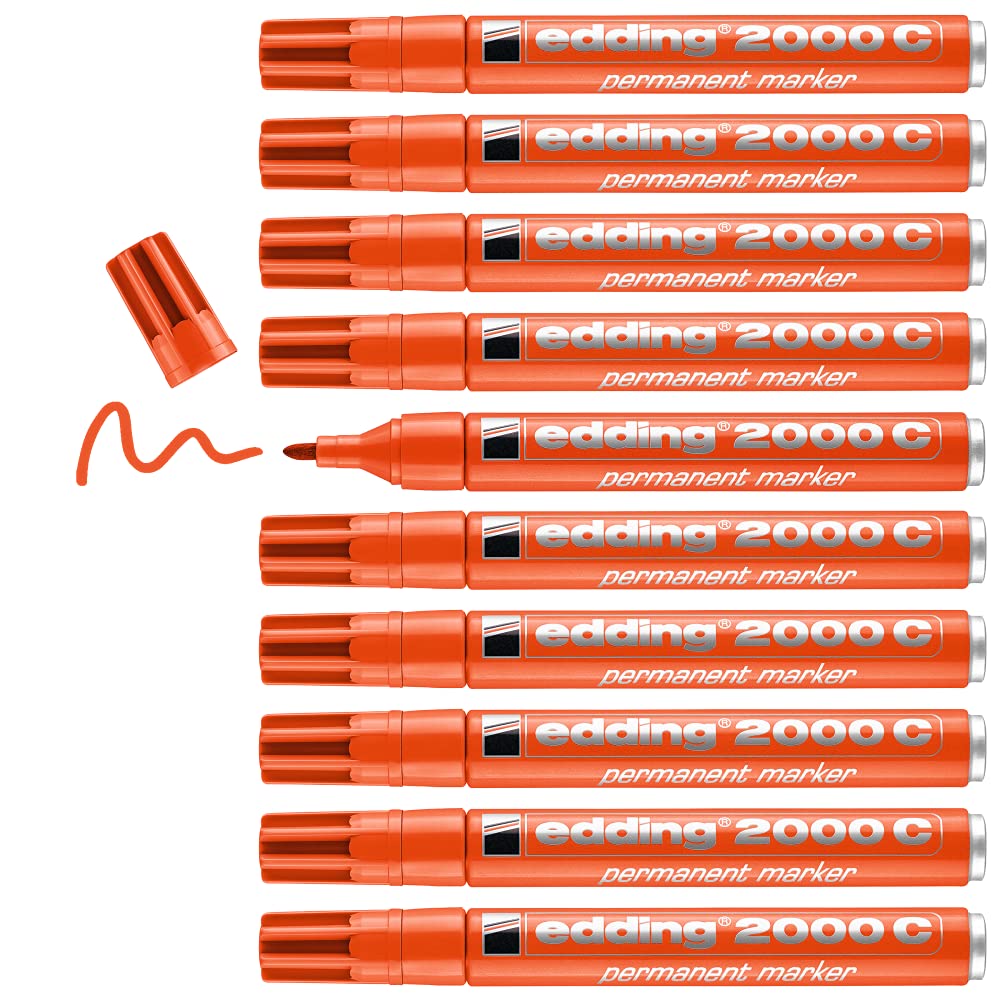 edding 2000 C permanent marker - orange - box of 10 - round nib 1.5-3 mm - quick-drying permanent markers - waterproof, smudge-proof - for cardboard, plastic, wood, metal, fabric - marker pen