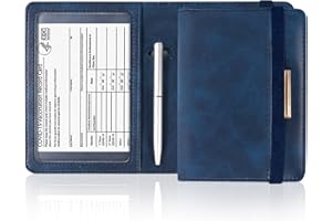 Caweet Passport Holder and Vaccine Card Holder Combo RFID Blocking Leather Vaccination Card Wallet with Elastic Band Closure, Blue