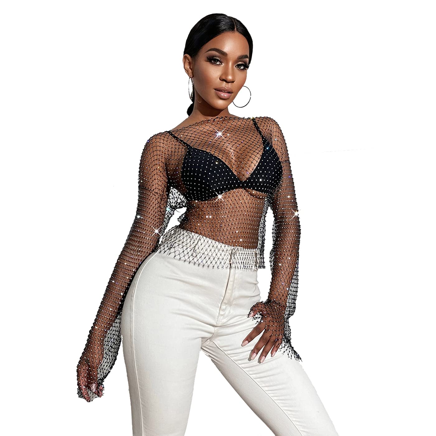 Photo 1 of ***TEARS ON SLEEVE***Sheer Long Sleeve Tops for Women Plus Size Tight Rhinestone See Through Mesh Crop Top Off Shoulder V Neck (Black)