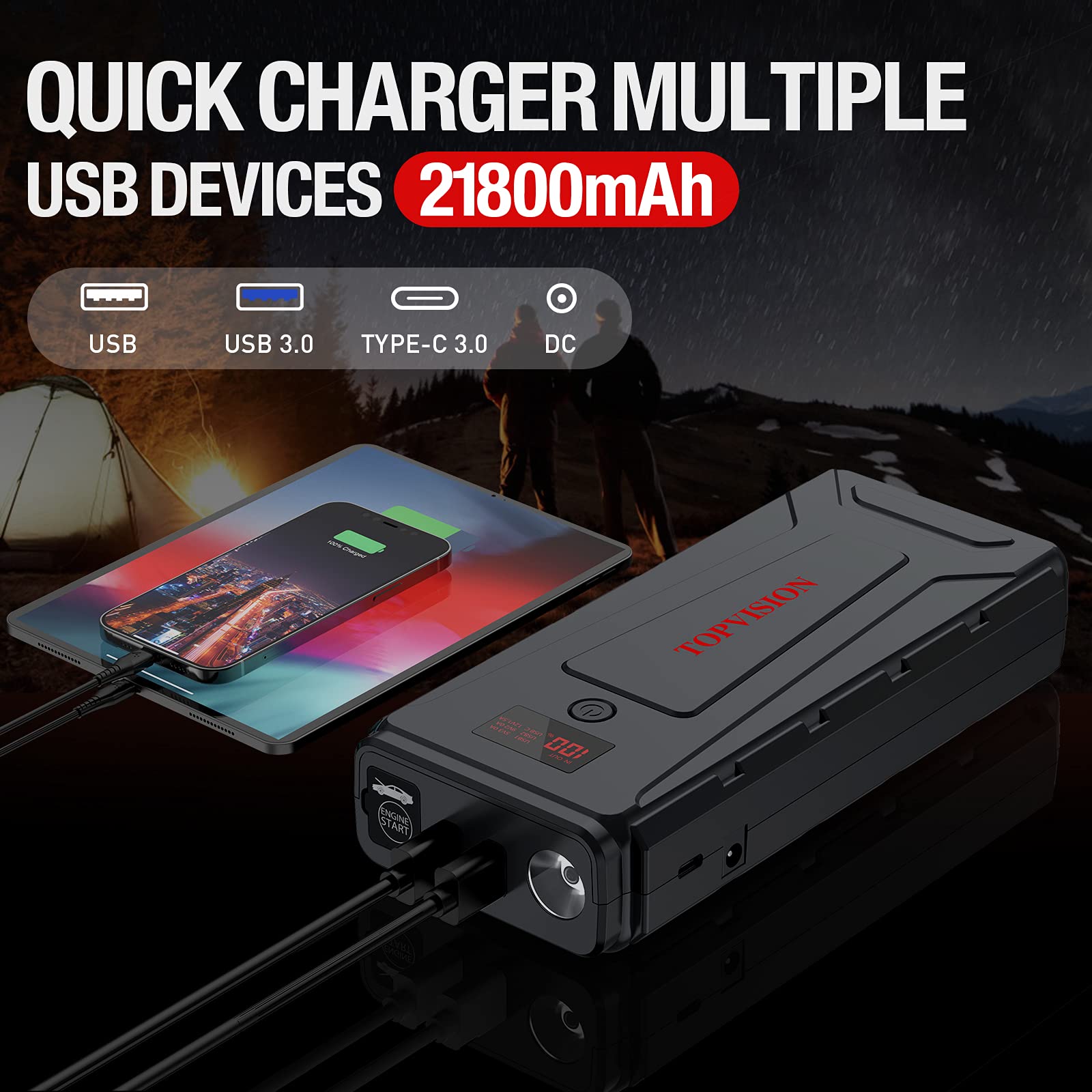 Battery Starter for Car, TOPVISION 2200A Peak 21800mAh Portable Car Jump Starter (Up to 7.0L Gas