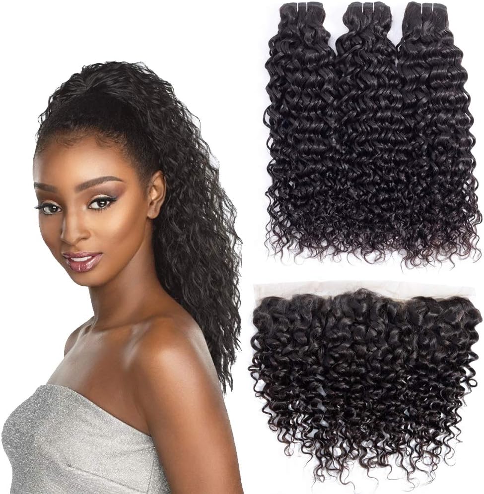 Sky Hair Brazilian Water Wave Bundles with Lace Frontal Closure Free Part Wet and Wavy 3Bundles Water Wave With Frontal Closure Human Hair Water Wave with 13×4 Closure (10 12 14 + 8)