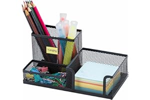 Yunqing Black Mesh Pen Holder - Multipurpose Mesh Desk Organizers Large Capacity Office Supplies with Sticky Notes Holder and 3 Compartments 4 Non-slip Mats Easy Storage Suitable for School, Home