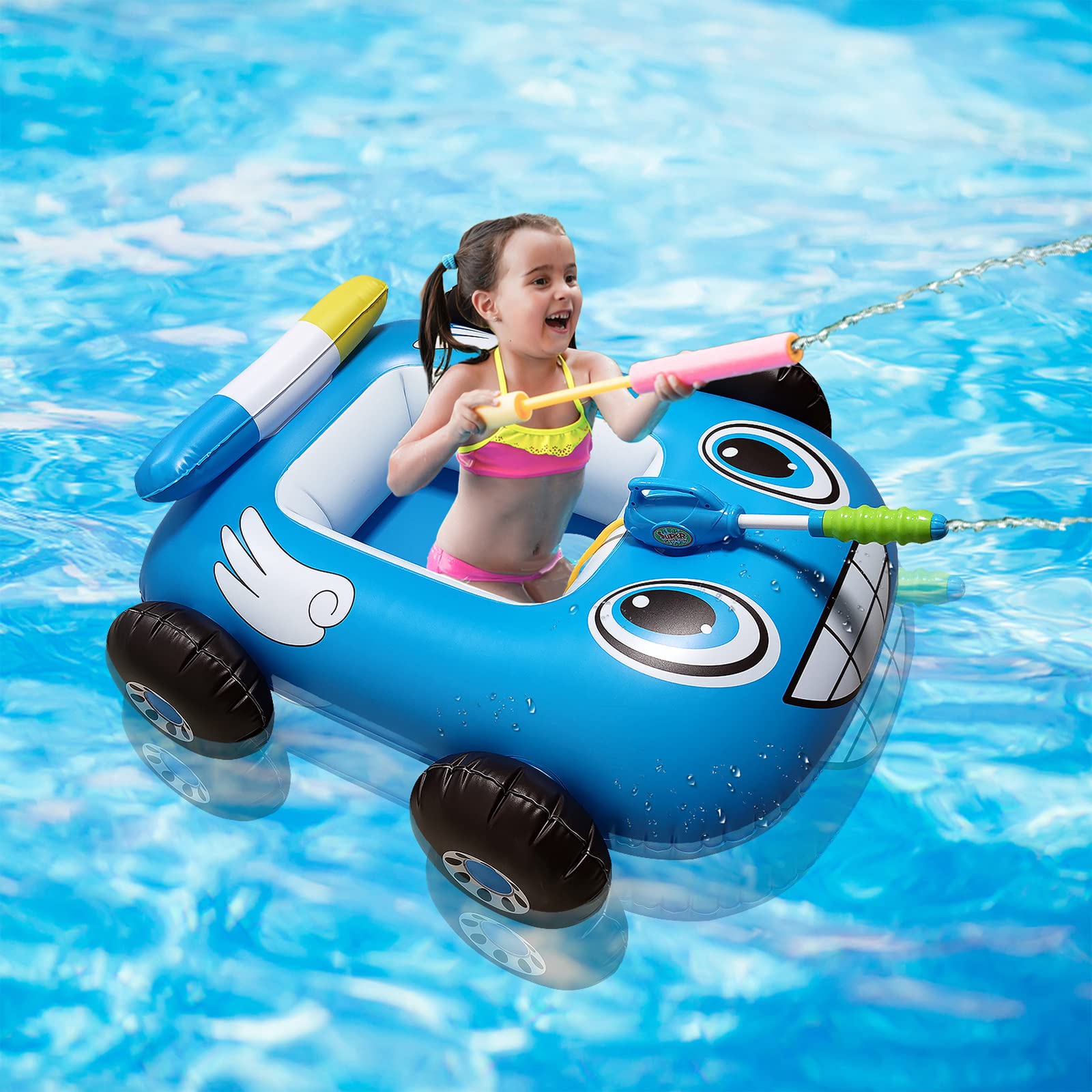 Balakaka Swimming Float Inflatable for Infants–Racing Car Baby Swim Ring with Water Gun, Summer Pool Toys for Boys & Girls Aged 1-9 Years (Blue)