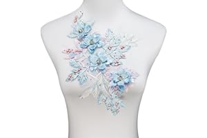 Silvora 3D Embroidered Flower Fabric Beaded Rhinestones Pearl Lace Applique, DIY Patches Accessory for Wedding Dresses，Neckline Bodice Pants(Blue-Left)