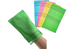 Modu Korean Exfoliating Mitts Large 4PCS (Green, Yellow, Sky Blue, Pink) – Exfoliating Gloves Body Scrubber Italy Towel Washcloth for Korean Spa at Home, Dead Skin Remover, 100% Vegan Viscose