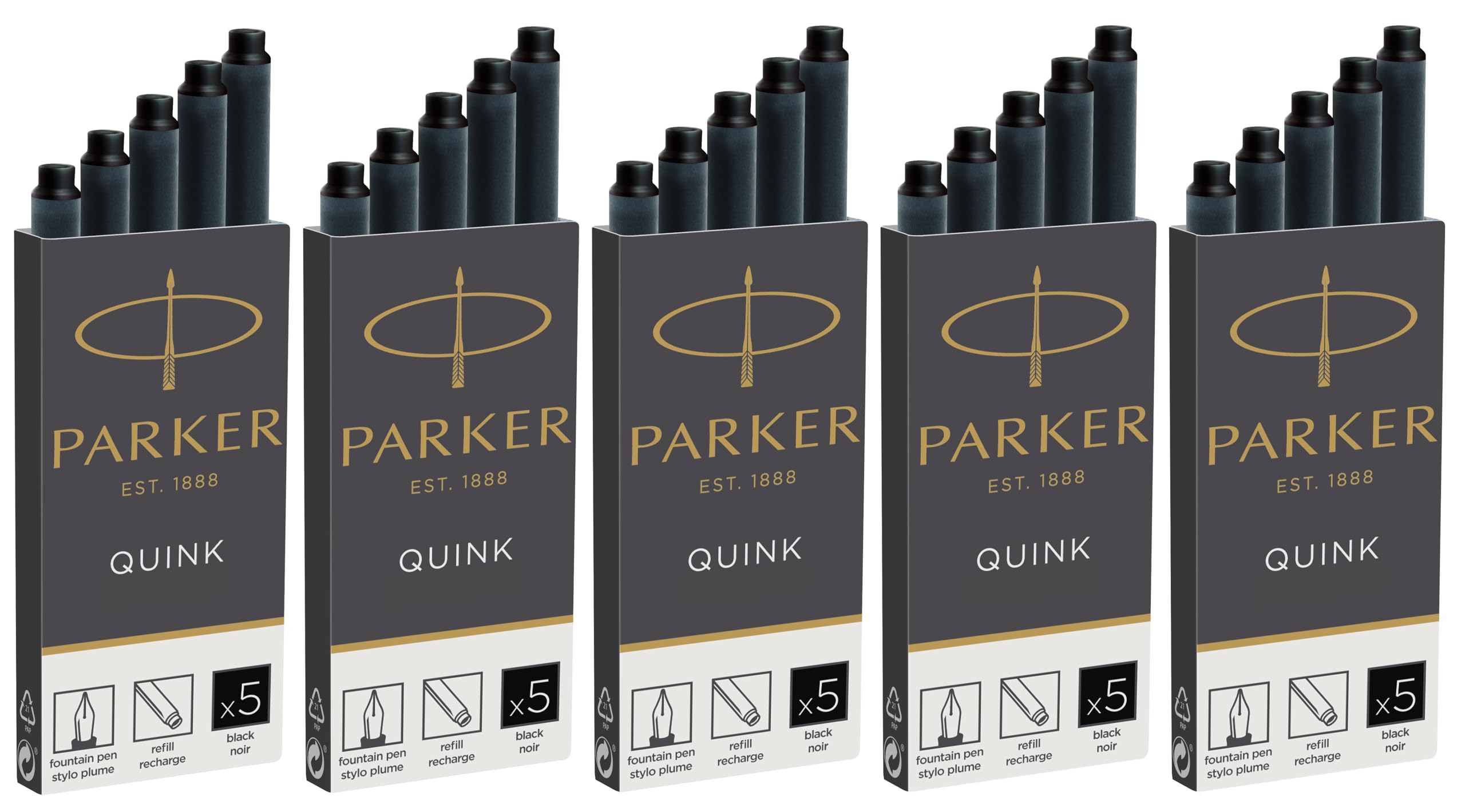 Parker Long Black Ink Cartridges For Fountain Pens - Pack of 25