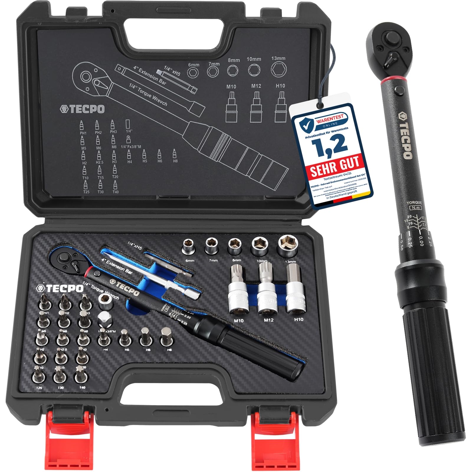 TECPO Fahrrad Drehmomentschlüssel Set 1/4" 2,5-25Nm Feinmechanik Schlüssel