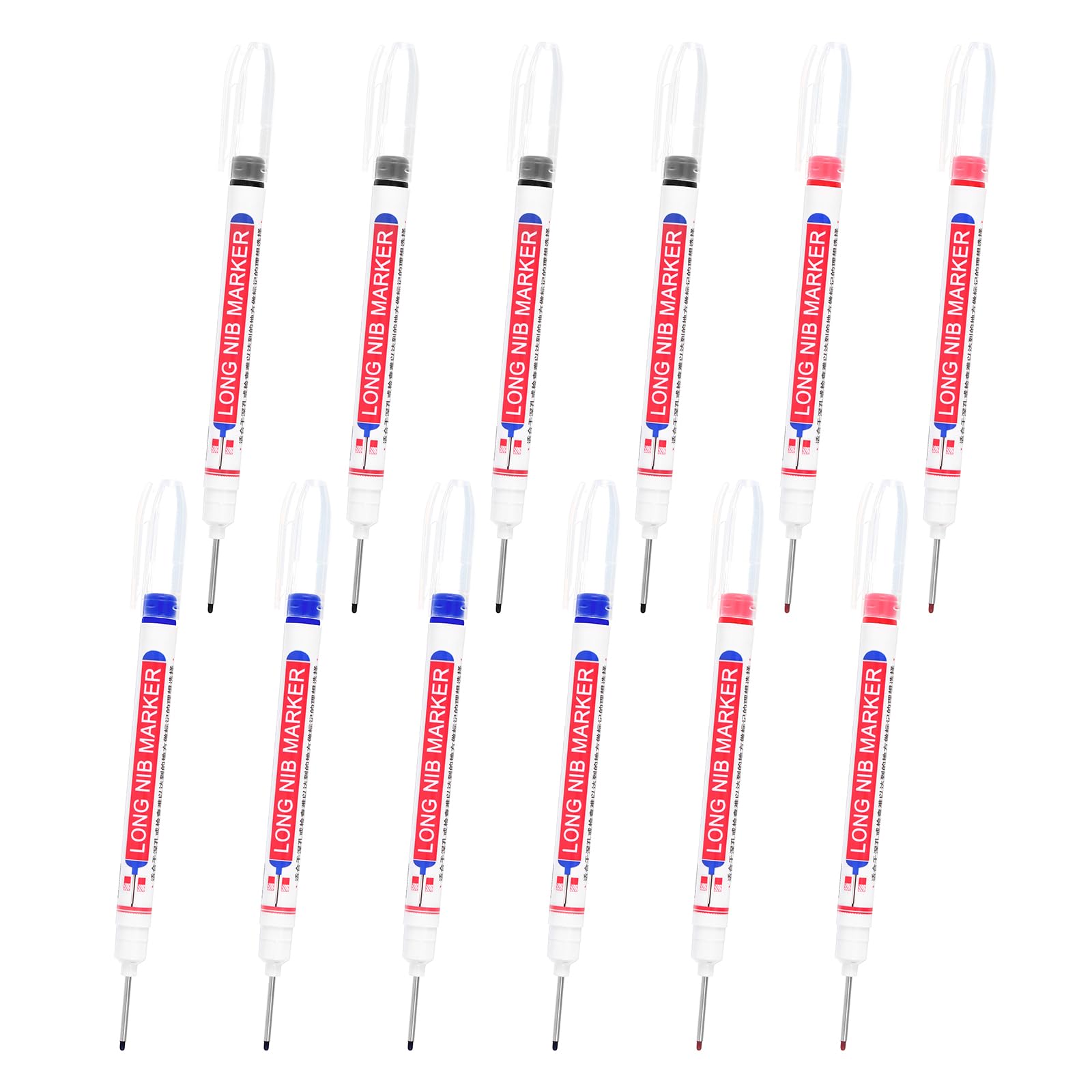 PATIKIL Deep Hole Marker Pens, 12Pcs Ink Waterproof Deep Reach Markers 22mm/0.87 Inch Long Nose Marker Scriber Pen for Woodworking Builders, Black, Red, Blue