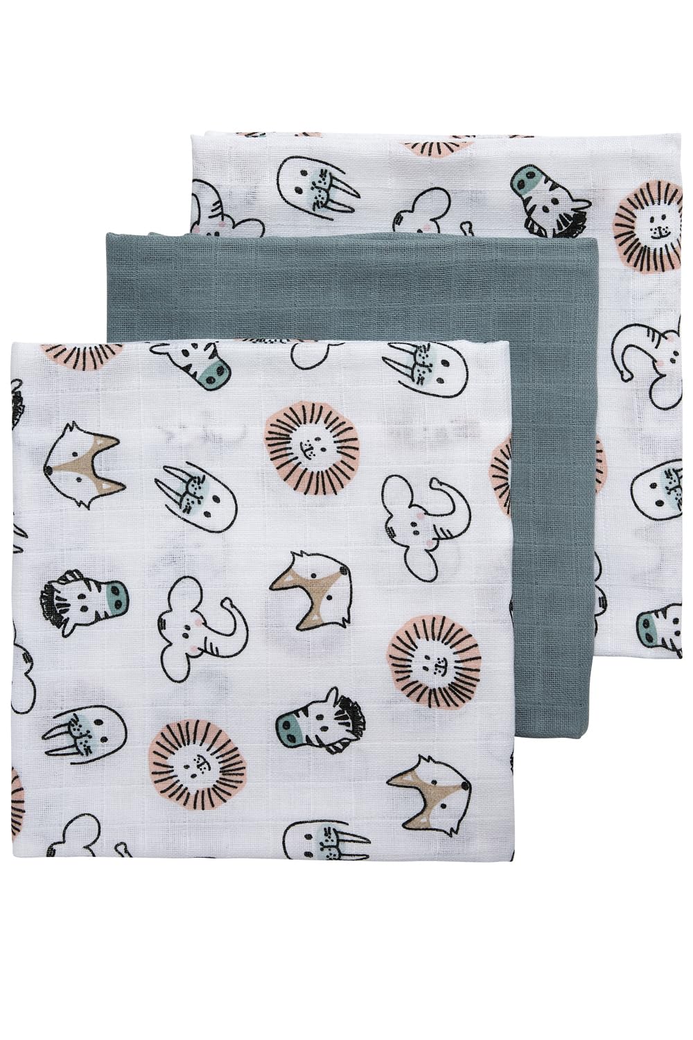 Meyco 452019 Muslin Nappy Set of 3 70 x 70 cm Animal Plain Stone Green-White