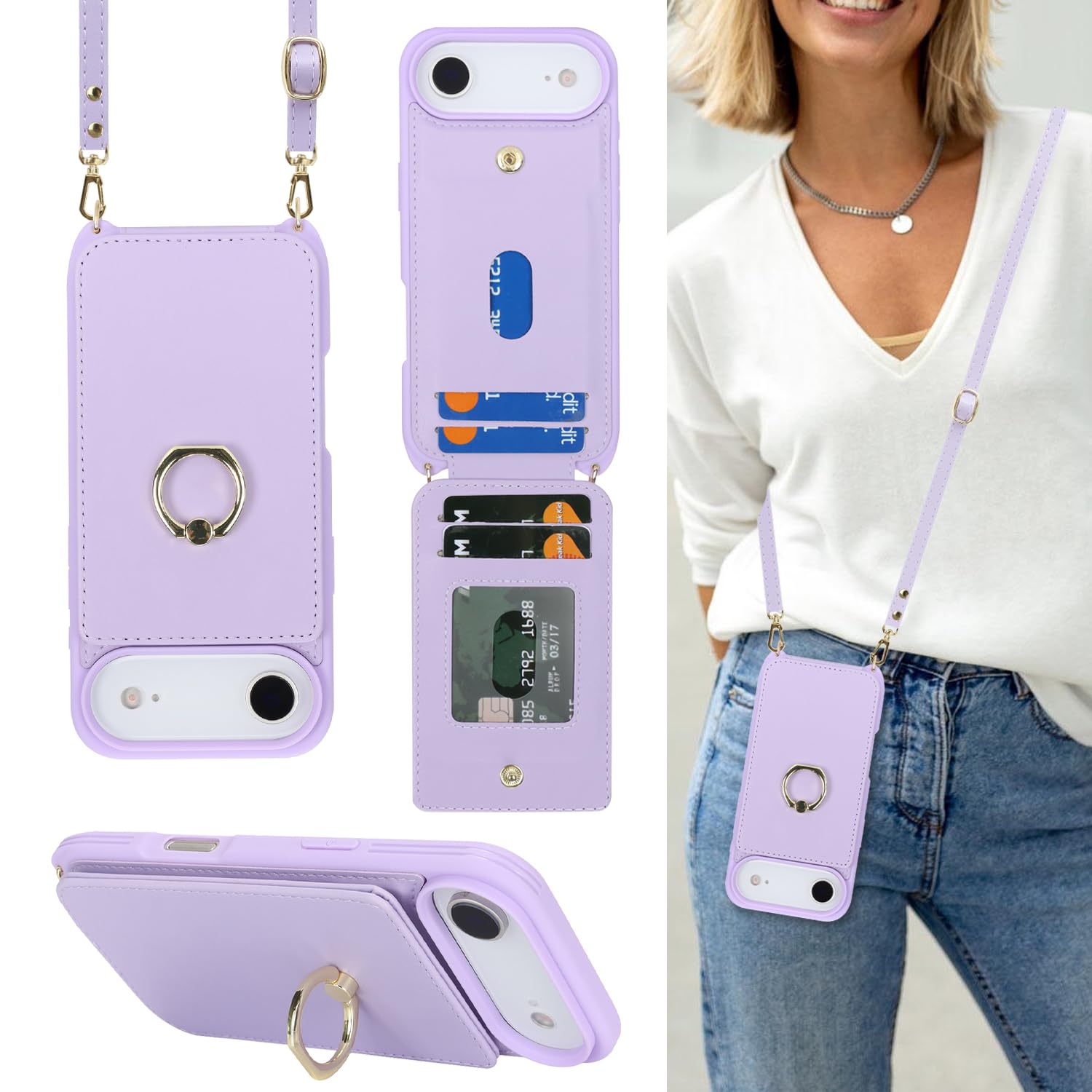 Lipvina for iPhone 17 Air Case with Card Holder and Strap for Women,Crossbody Lanyard,RFID Blocking,Ring Stand,Snap Clasp,Cute Phone Wallet Cases 6.6 inch (Purple)