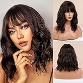 incohair Brown Wig with Bangs Women Short Curly Wavy Brown Bob Wig Synthetic Cosplay Party Daily Wigs
