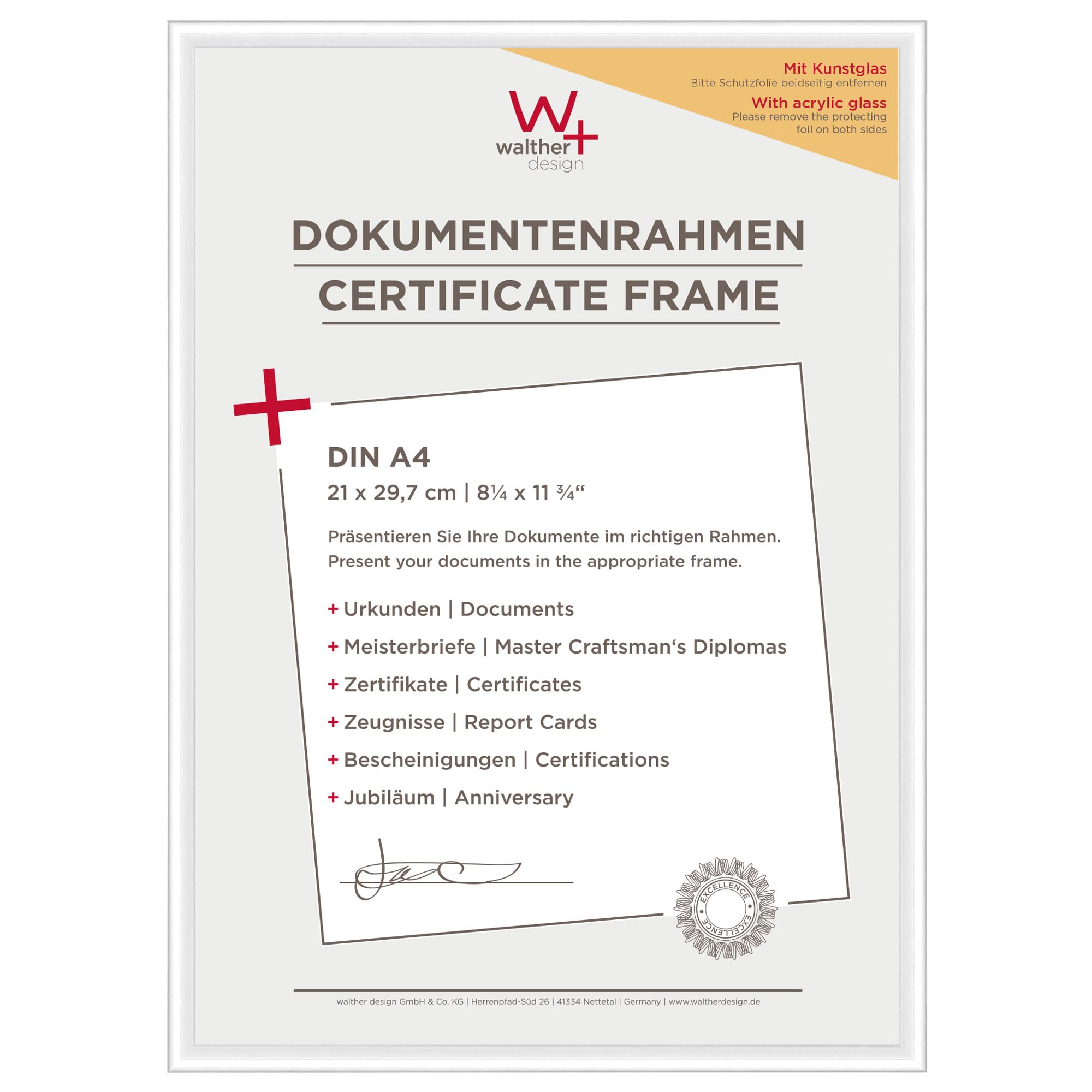 walther Design Picture Frame White 21 x 29,7 cm (DIN A4) with Art Glass Double Pack, New Lifestyle Plastic Frame KVX130WD