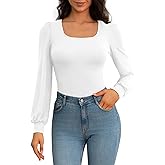 CLOZOZ Square Neck Womens T Shirts Puff Sleeve Shirts for Women Long Slim Fitted Tee Tops