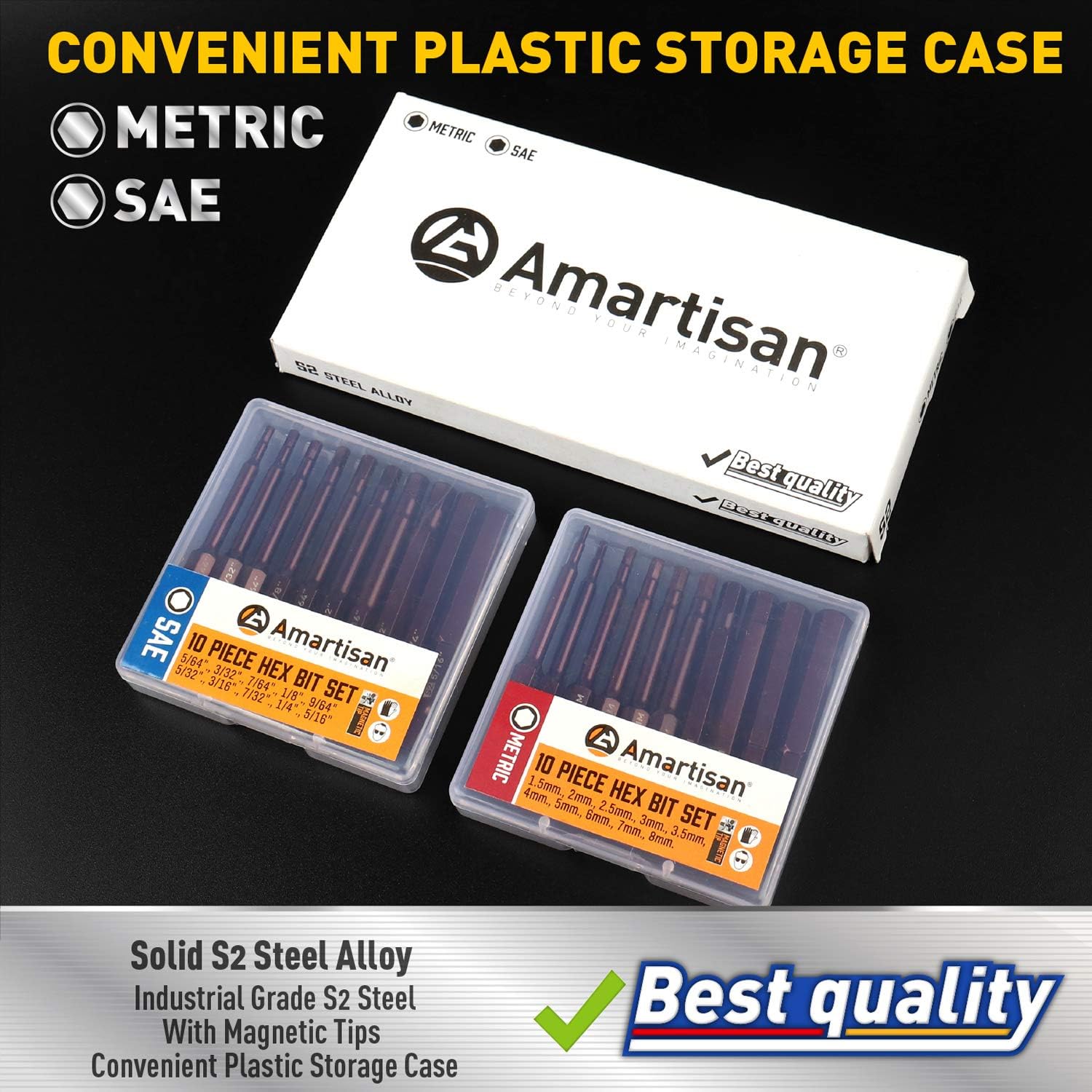 Amartisan 20 PACK Hex Head Allen Wrench Drill Bit Set, Metric and SAE S2 Steel Hex Bits Set, Magnetic Tips, 2.3" Long With Storage box - - 