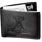 Genuine 100% Real Leather Handmade Wallet -Wallet for Men - Viking Accessories Nordic Gifts Thor Mjolnir Hammer Embossed Wallet - Mens Wallets Bifold Leather - RFID Blocking Black Leather Wallet km