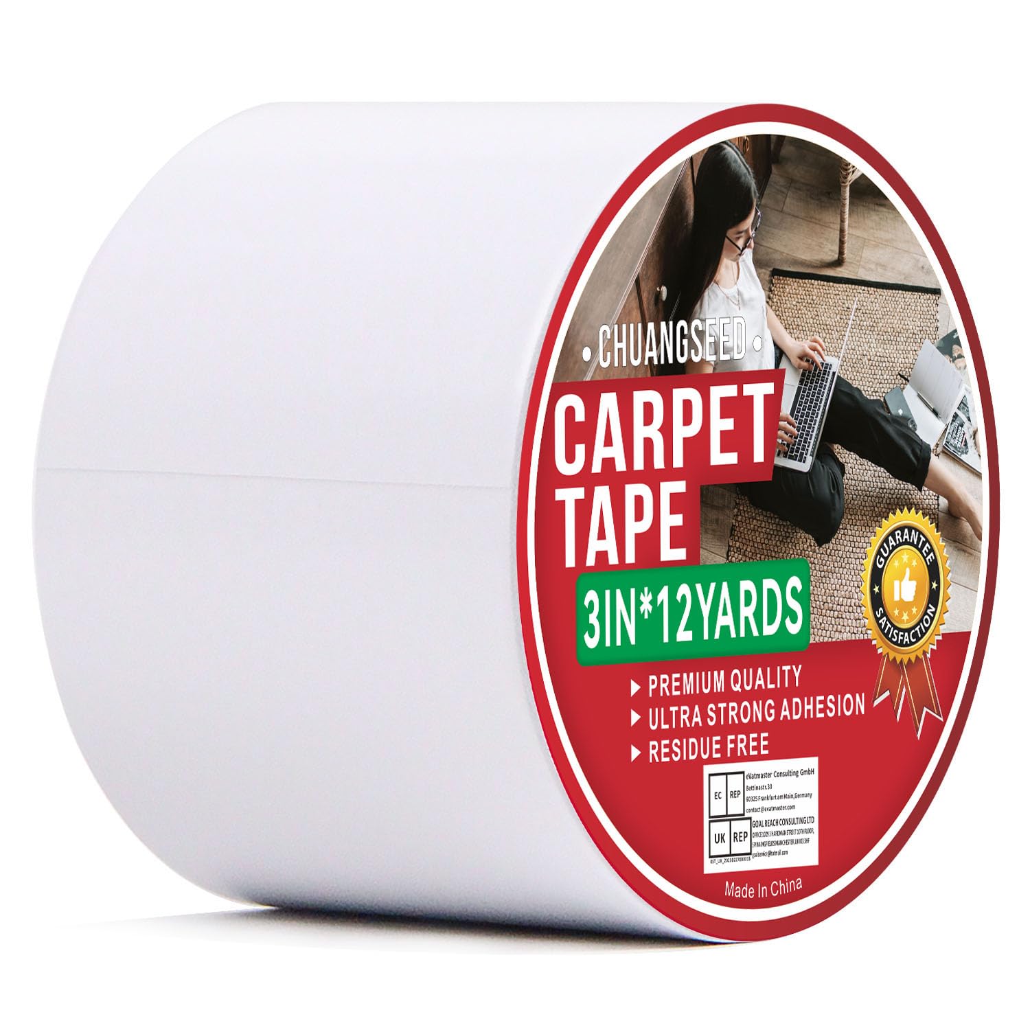 CHUANGSEED 1Rolls Heavy Duty Double Sided Carpet Tape 3in X12Y suitable for such as fixing carpets, tiles, wood, mats & waterproof and non-slip design (3X12Yards)