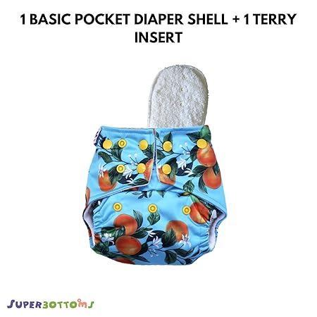 superbottoms Basic Certified Soft Fleece Lined Pocket Diaper with 1 Wet-Free Insert with Snaps (One Size Adjustable Diaper, 4 Sizes in 1, 5-17 kg, Peaches)