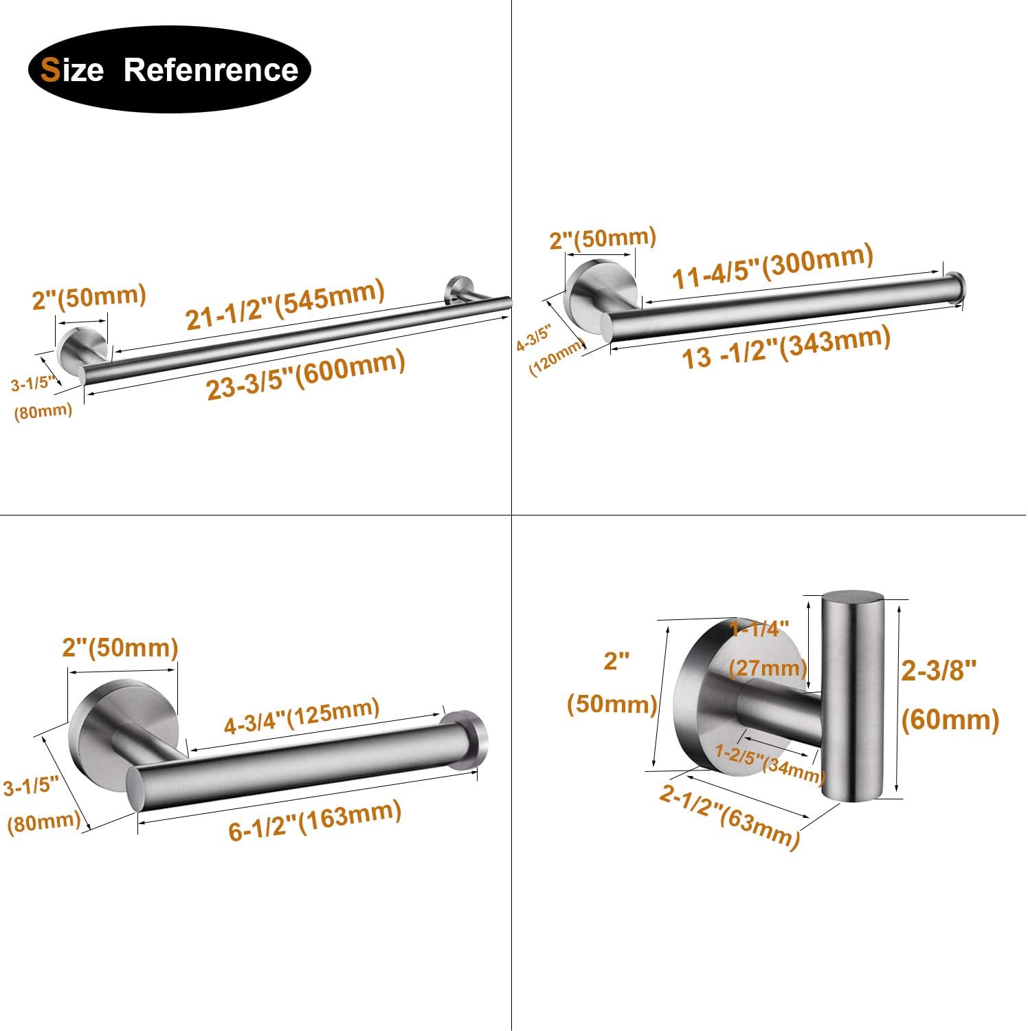 Nolimas 4-Pieces Set Brushed Nickel Bathroom Hardware Set SUS304 Stainless Steel Round Wall Mounted - Includes 24"&13.5" Towel Bar,Toilet Paper Holder, Robe Towel Hooks,Bathroom Accessories Kit: Home & Kitchen