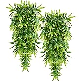 SzJias Artificial Hanging Plants Fake Bamboo Leaves Plants Fake Hanging Plants for Patio Porch Outdoor Plants Decor (2 Pcs)