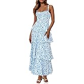 Wenrine Womens Summer Floral Maxi Dresses Sleeveless Spaghetti Strap Tie Back Ruffle Tiered Flowy Dresses