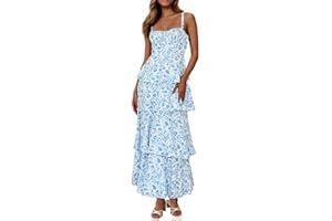 Wenrine Womens Summer Floral Maxi Dresses Sleeveless Spaghetti Strap Tie Back Ruffle Tiered Flowy Dresses