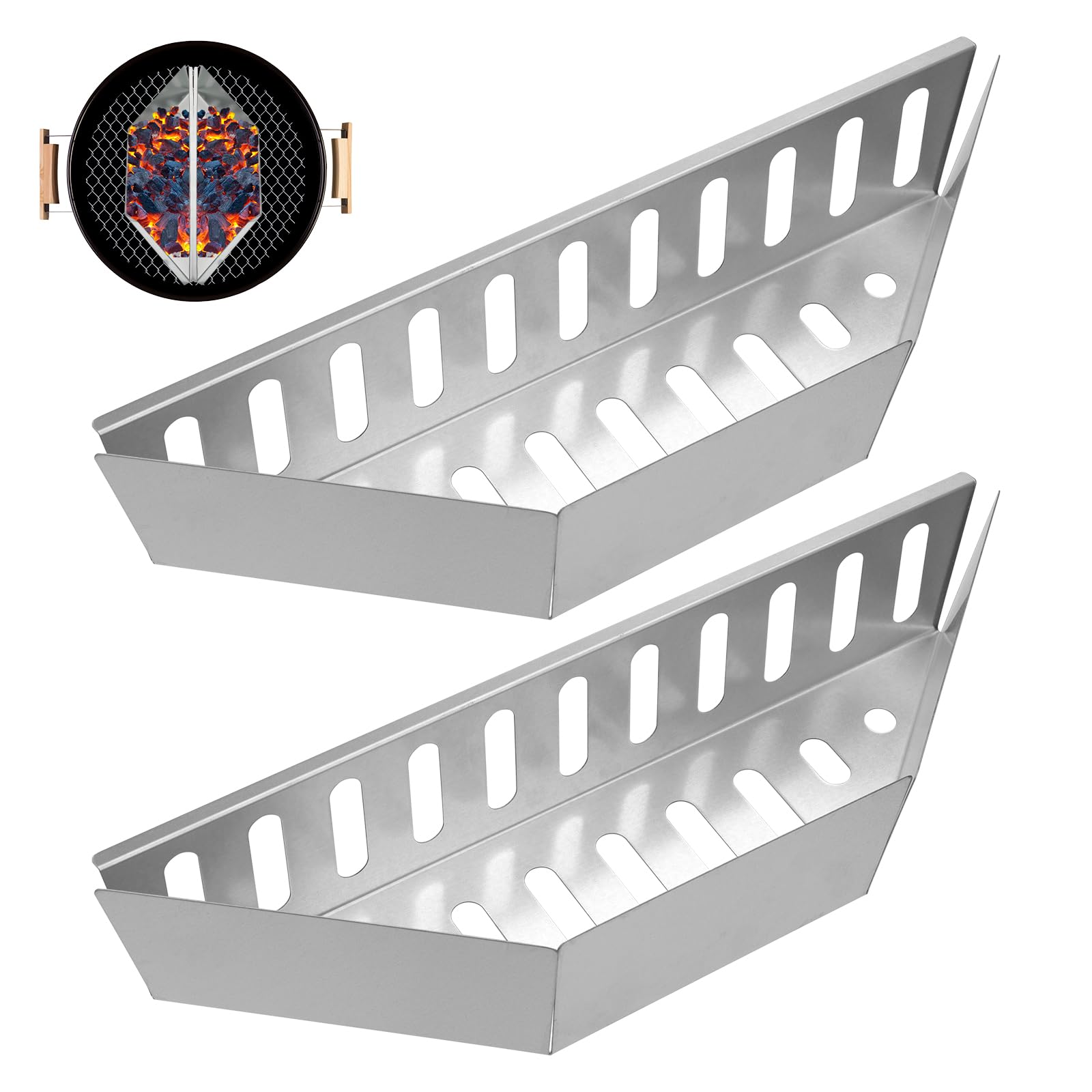 NQEUEPN 2pcs Charcoal Basket Stainless Steel Char Holder, 15 Inches Long Steel Grill Basket Charcoal Fuel Holder Charcoal Container for Weber BBQ Outdoors Indoors (Silver)