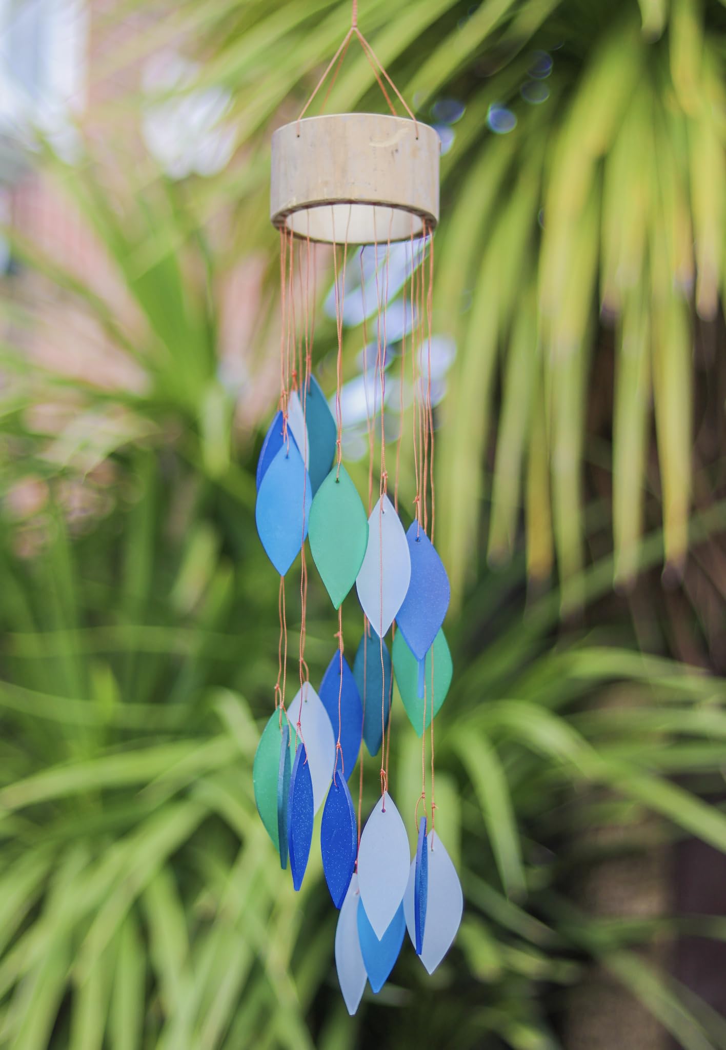 Turquoise Glass Wind Chime Recycled Glass and Bamboo Driftwood Garden Chime Hanging Outdoors Indoors Multicoloured Fairtrade Eco Friendly Handmade Fairtrade