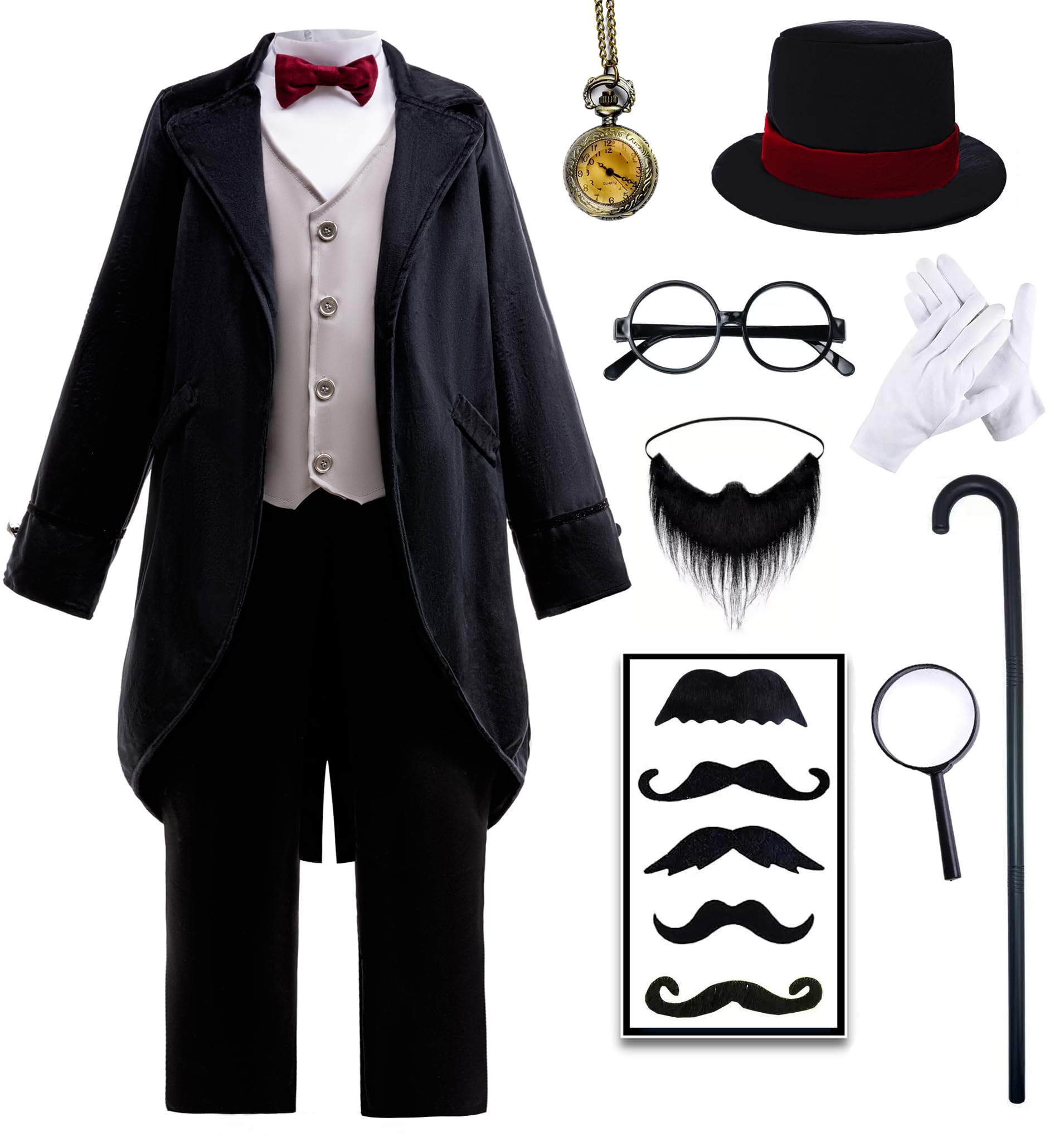 Photo 1 of (used) Mecamelon 12 Pcs Abraham Lincoln Costume Kids Douglass Costume for Boys (Black, 9-10 Years)