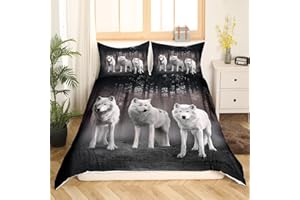 Feelyou Wolf Bedding Set Twin Size Safari Animal Pattern Duvet Cover for Kids Boys Girls White Wolf Family Comforter Cover Co
