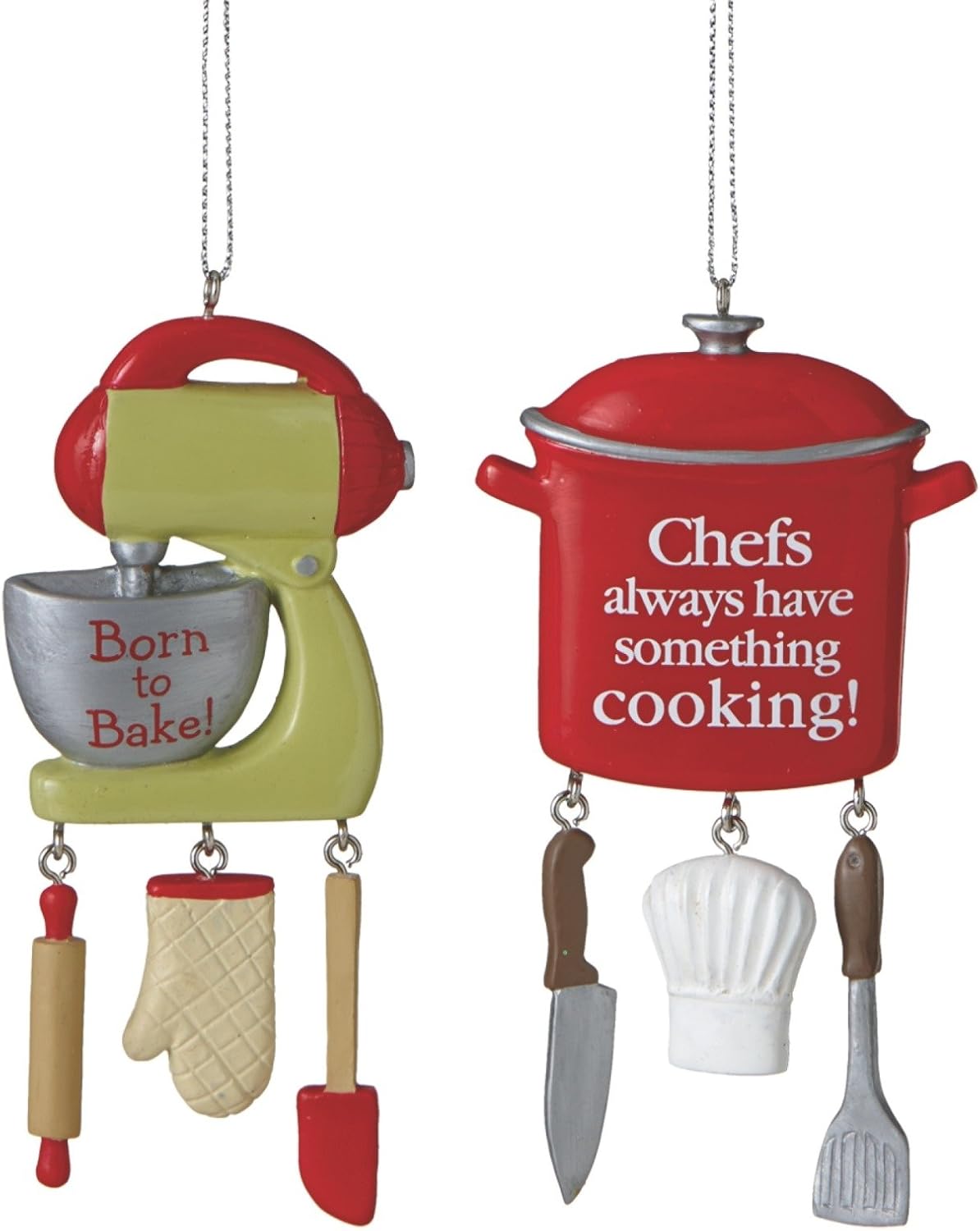 Chef Red Cooking Pot and Baker Green Mixer Christmas Holiday Ornaments Set of 2