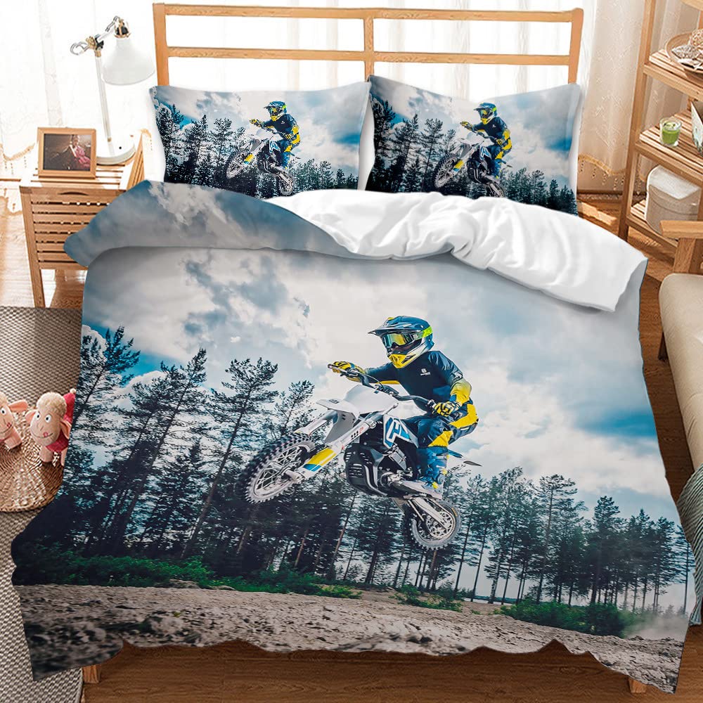AOXHFNV 3D Motorcycle Duvet Cover Motocross Bedding Set Motorcycle Racing Duvet Cover with Pillow Case for Teenager Extreme Sports (220×240cm, Blue)
