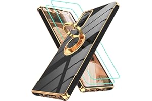 Gritup for Samsung Galaxy Note 20 Case: with 2Pcs Screen Protector, 360° Rotation Ring Holder Magnetic Kickstand, Plating Gold Edge Soft TPU Shockproof Protective Cover for Note 20 Phone Black