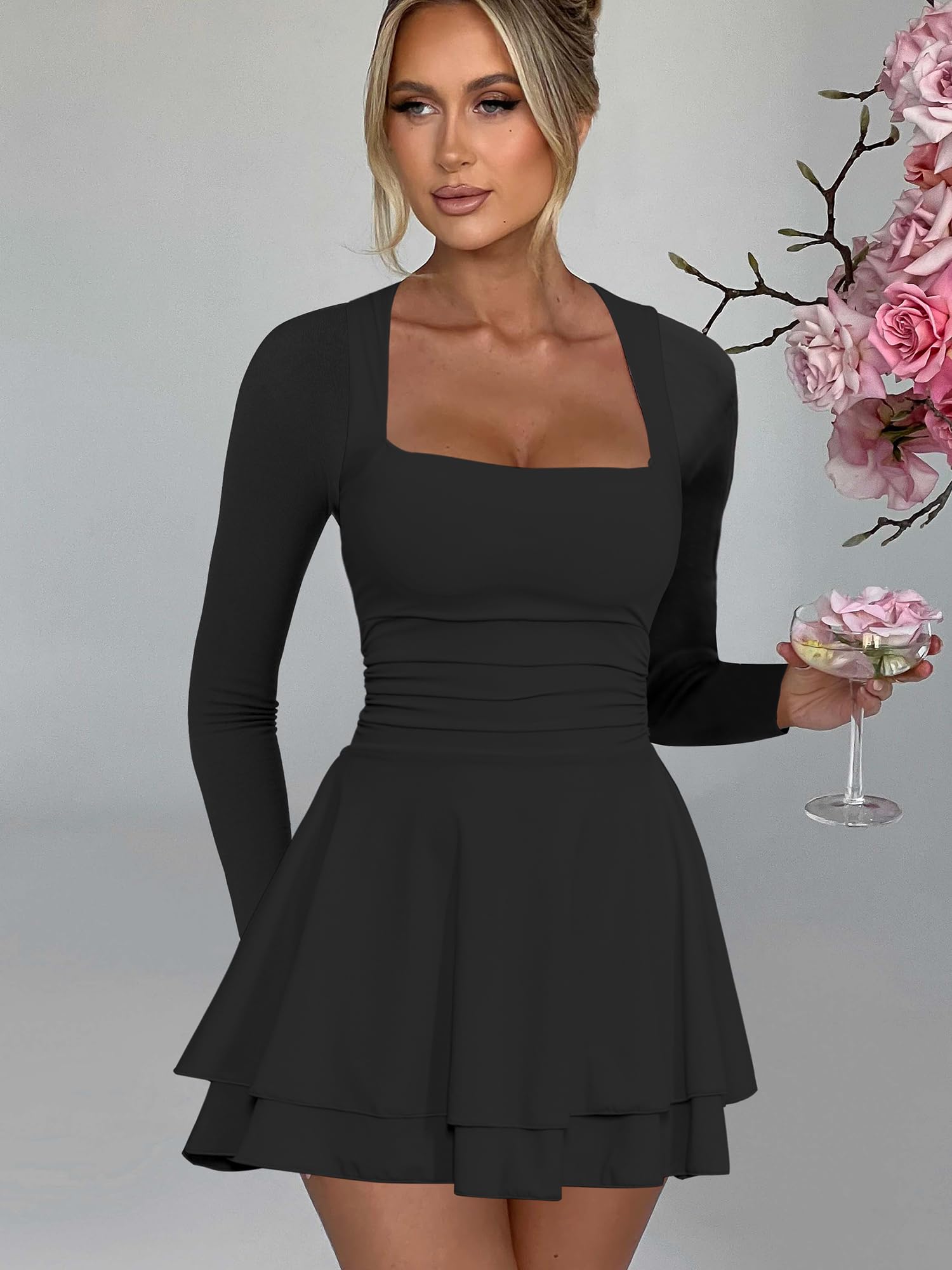 Kaximil Women's Square Neck Ruffle Hem Mini Dress Ruched Waist Long Sleeve Corset Short Party Dresses, Medium, Black - Image 4