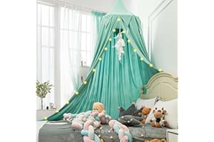Hommi Lovvi Princess Bed Canopy for Girls, Dreamy Tassels Ceiling Canopy Net Kids Room Decor Soft Nursery Crib Canopy Reading Nook, Extra Large Children Canopies Full Queen Size with Lights - Green